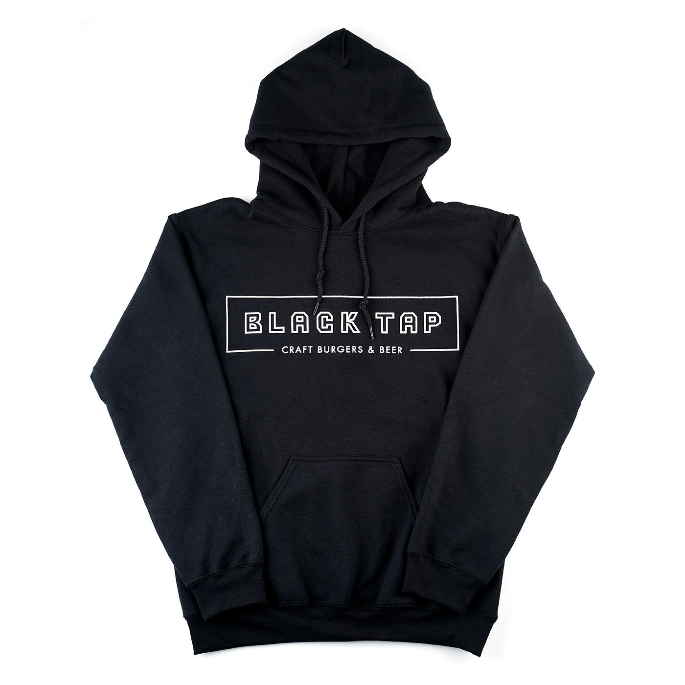 black hooded pullover sweatshirt with black tap logo